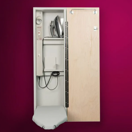 Iron-A-Way Ironing Center - 42" Built In Ironing Board With Electric System, Light, and Toggle Switch - Right Hinged Flat White Door - E42FWU