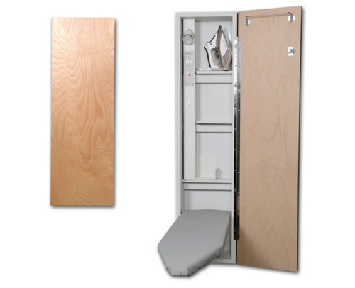 Iron-A-Way Ironing Center - 46" Built-In Ironing Board With Electric System, Light, and Timer - Right Hinged Flat Maple Veneer Door