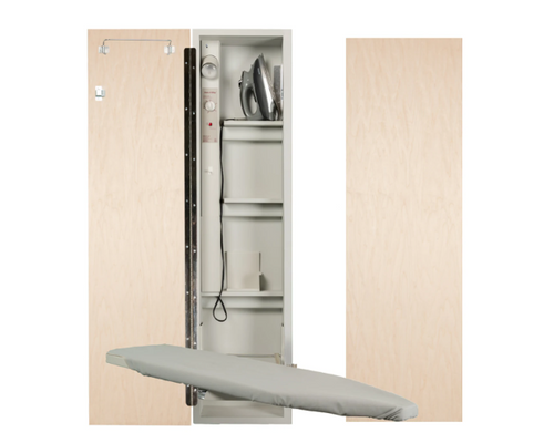 Iron-A-Way Electric Ironing Center - Built In Swiveling 46" Ironing Board with Light and Timer - Left Hinged Flat Maple Veneer Door - AE46WDU-L Iron-A-Way Electric Ironing Center - Built In Swiveling 46" Ironing Board with Light and Timer - Left Hinged Flat Maple Veneer Door - AE46WDU-L