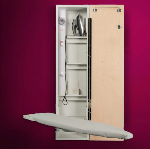 Iron-A-Way Electric Ironing Center - Built In Swiveling 46" Ironing Board with Light and Toggle Switch - Left Hinged Flat Maple Veneer Door - AE46WDU-L