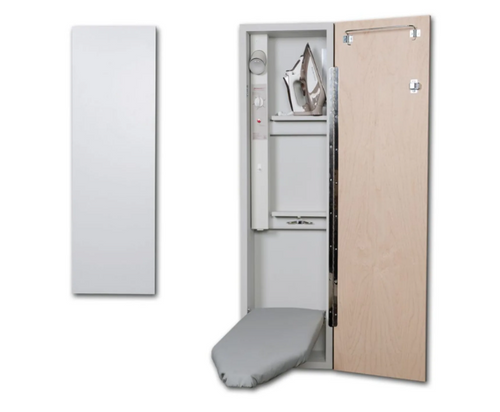 Iron-A-Way Ironing Center - 42" Built-In Ironing Board With Electric System, Light and Timer - Left Hinged Flat White Door