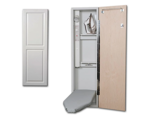 Iron-A-Way Ironing Center - 42" Built-In Ironing Board With Electric System, Light and Timer - Left Hinged Raised White Door - E42RWU-L