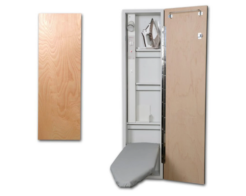 Iron-A-Way Ironing Center - 46" Built-In Ironing Board With Electric System, Light, and Timer - Left Hinged Flat Maple Veneer Wood Door