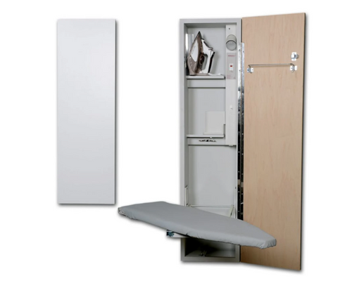 Iron-A-Way Ironing Center - 42" Built In Ironing Board With Electric System and Light - Left Hinged Flat White Door - ADA Compliant