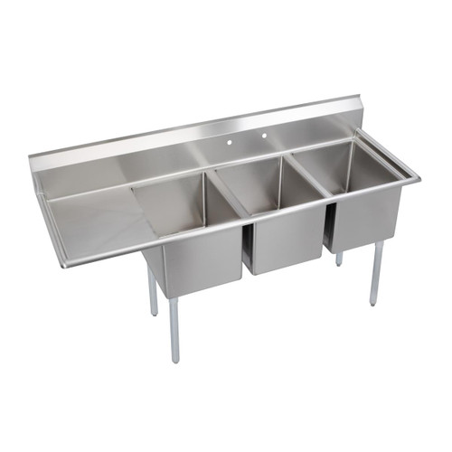 Elkay Dependabilt Stainless Steel 72-1/2" x 25-13/16" x 43-3/4" 18 Gauge Three Compartment Sink w/ 18" Left Drainboard and Stainless Steel Legs - E3C16X20-L-18X