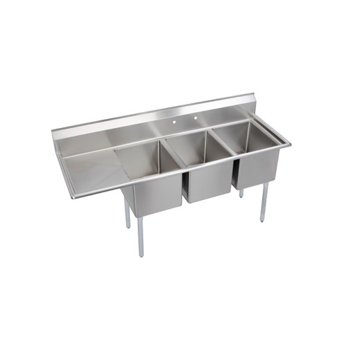 Elkay Dependabilt Stainless Steel 72-1/2" x 25-13/16" x 43-3/4" 16 Gauge Three Compartment Sink w/ 18" Left Drainboard and Stainless Steel Legs - 14-3C16X20-L-18X