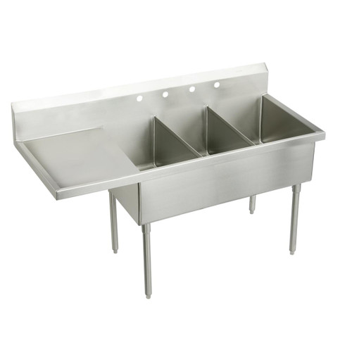 ELKAY WNSF8354L2 Weldbilt Stainless Steel 79-1/2" x 27-1/2" x 14" Floor Mount, Triple Compartment Scullery Sink with Drainboard