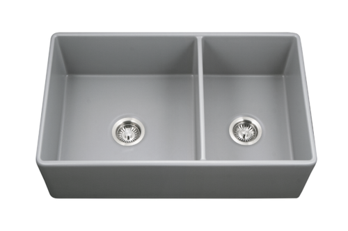 HamatUSA CHE-3320DA64-MG Apron-Front Fireclay 60/40 Double Bowl Kitchen Sink, Matte Grey - 33 x 20 inches