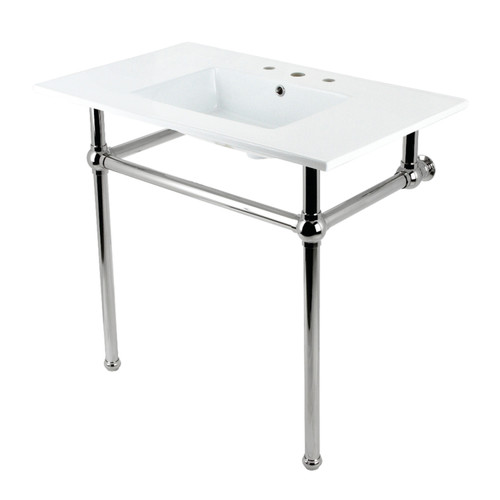Kingston Brass KVBH37227W8PN Addington 37" Console Sink with Brass Legs (8-Inch, 3 Hole), White/- Polished Nickel