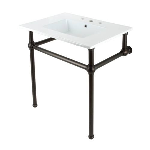 Kingston Brass KVBH31227W8B5 Addington 31" Console Sink with Brass Legs (8-Inch, 3 Hole), White/- Oil Rubbed Bronze