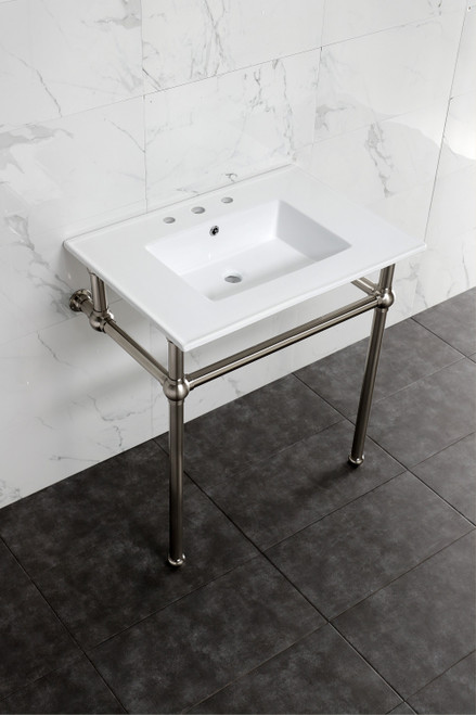 Kingston Brass KVBH31227W8B8 Addington 31" Console Sink with Brass Legs (8-Inch, 3 Hole), White/- Brushed Nickel