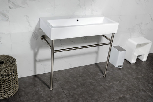 Kingston Brass Fauceture VPB3917W8ST New Haven 39" Porcelain Console Sink with Stainless Steel Legs (8" Centers), White/- Brushed Nickel