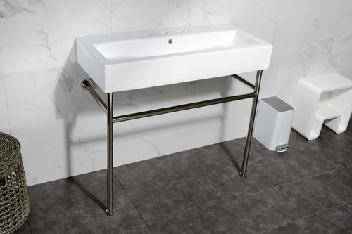 Kingston Brass Fauceture VPB3917W6ST New Haven 39" Porcelain Console Sink with Stainless Steel Legs (8" Centers), White/- Polished Nickel