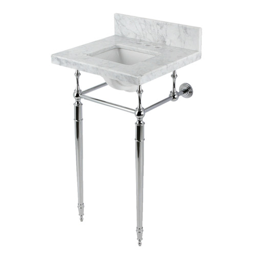 Kingston Brass KVPB1917M34SQ1 Edwardian 19" Carrara Marble Console Sink with Brass Legs (4" Faucet Drillings), Marble White/- Polished Chrome