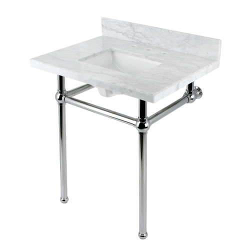 Kingston Brass KVBH3022M8SQ1 Addington 30" Console Sink with Brass Legs (8-Inch, 3 Hole), Marble White/- Polished Chrome