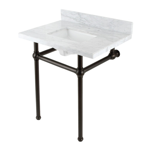 Kingston Brass KVBH3022M8SQ5 Addington 30" Console Sink with Brass Legs (8-Inch, 3 Hole), Marble White/- Oil Rubbed Bronze