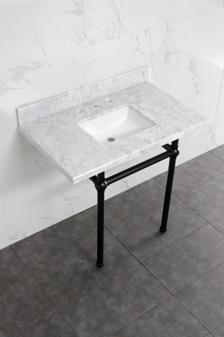 Kingston Brass KVBH3022M8SQ0 Addington 30" Console Sink with Brass Legs (8-Inch, 3 Hole), Marble White/- Matte Black