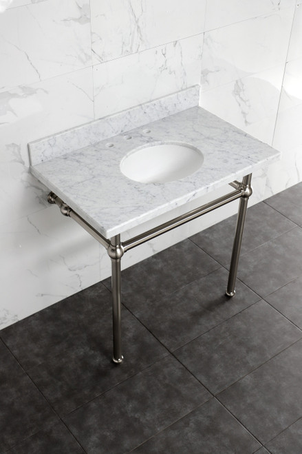 Kingston Brass KVBH3622M88 Addington 36" Console Sink with Brass Legs (8-Inch, 3 Hole), Marble White/- Brushed Nickel