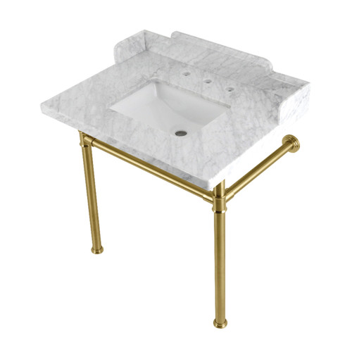 Kingston Brass LMS30M8SQ7ST Wesselman 30" Carrara Marble Console Sink with Stainless Steel Legs, Marble White/- Brushed Brass