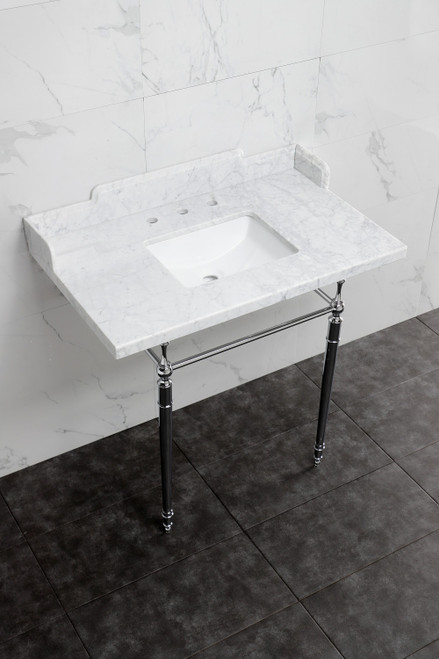 Kingston Brass LMS3622M8SQ1 Habsburg 36" Carrara Marble Console Sink with Brass Legs, Marble White/- Polished Chrome