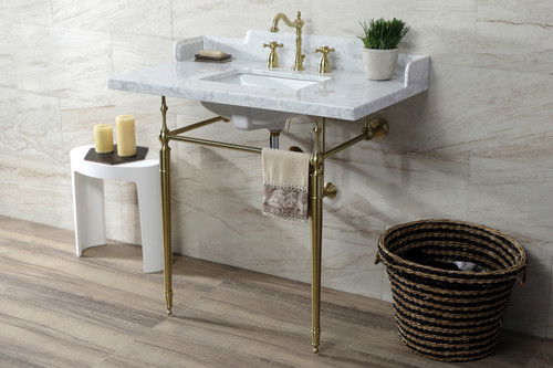 Kingston Brass LMS3622M8SQ7 Habsburg 36" Carrara Marble Console Sink with Brass Legs, Marble White/- Brushed Brass