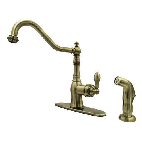Kingston Brass  Gourmetier GSY7703ACLSP American Classic Single-Handle Kitchen Faucet with Sprayer and Deck Plate, - Antique Brass