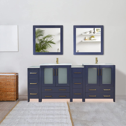 Vanity Art  VA3036-96B 96 Inch Double Sink Bathroom Vanity Set With Ceramic Vanity Top With Soft Closing Doors And Drawers - Blue