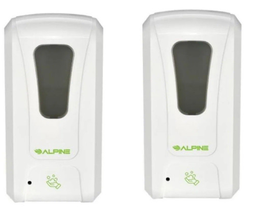 Alpine  ALP430-S-T-2PK 1200 ml. Wall Mount Automatic Liquid Soap and Hand Sanitizer Dispenser in White with Drip Tray (2-Pack)