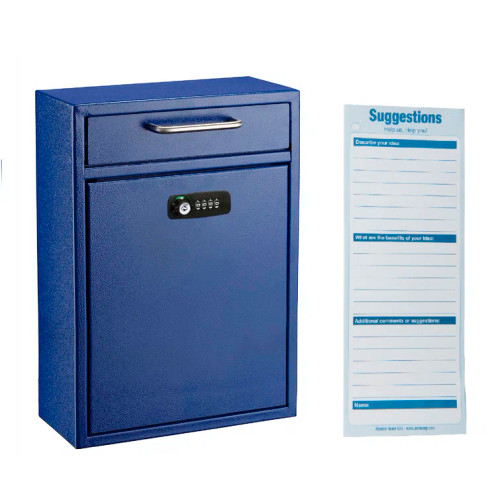 Alpine Blue Medium Drop Box Wall Mounted Locking Mail Box with Key and Combination lock with Suggestion Cards - ADI631-05-BLU-KC-PKG
