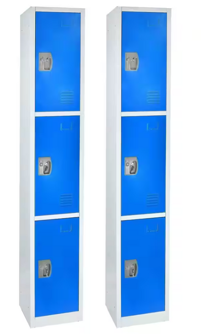 Alpine  ADI629-203-BLU-2PK 72 in. x 12 in. x 12 in. Triple-Compartment Steel Tier Key Lock Storage Locker in Blue 2 Pack