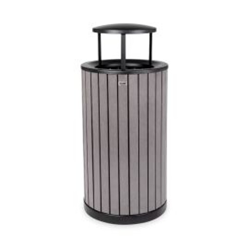 Alpine  ALP4400-01-GRY-RB Round, 32-Gallon Outdoor Trash Container with Slatted Recycled Plastic Panels - Rain Bonnet Lid - Grey