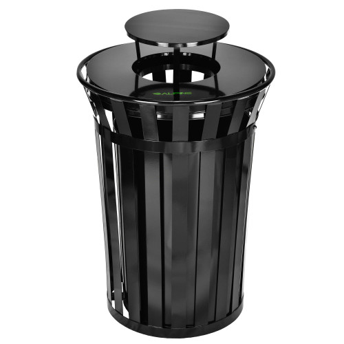 Alpine  ALP479-38-1 Outdoor Metal Slatted Trash Receptacle with Rain Bonnet Lid - 38 Gallon Black