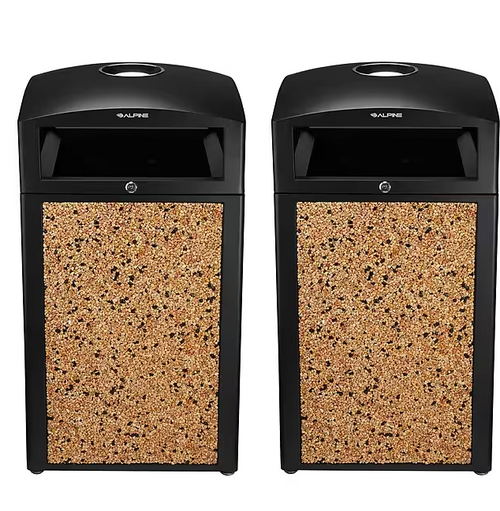 Alpine  ALP472-40-STO-2PK 40 Gal. Stone Steel All-Weather Panel Outdoor Commercial Trash Can with Ash Tray Lid 2 Pack