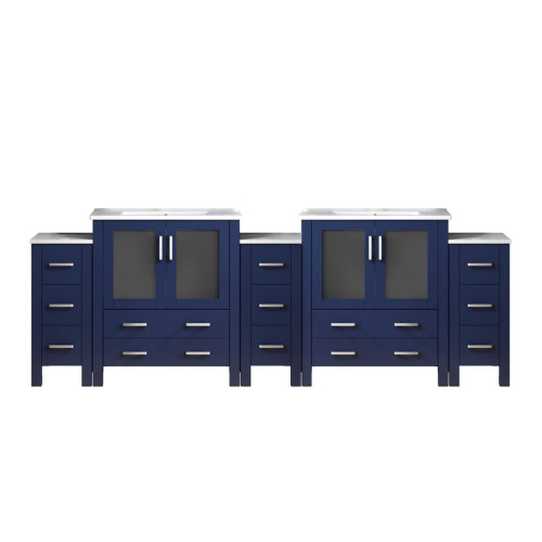 Lexora LVV108D36E600 Volez 108 inch W Navy Blue Double Sink Vanity Cabinet with Side Cabinets, and White Ceramic Top