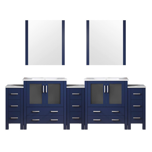 Lexora Volez 108 inch W Navy Blue Double Sink Vanity Cabinet with Side Cabinets, White Ceramic Top, and 34 in Mirrors