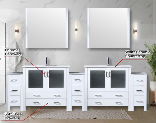 Lexora  LVV108D36A610 Volez 108 in W x 18.25 in D White Double Bath Vanity with Side Cabinets, White Ceramic Top, and 34 in Mirrors