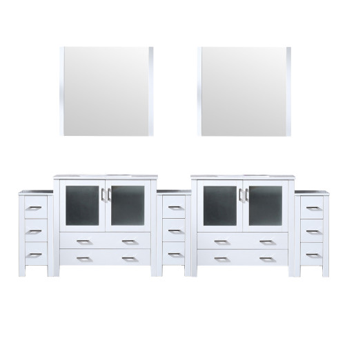 Lexora Volez 108 inch W White Double Sink Vanity Cabinet with Side Cabinets, White Ceramic Top, and 34 in Mirrors