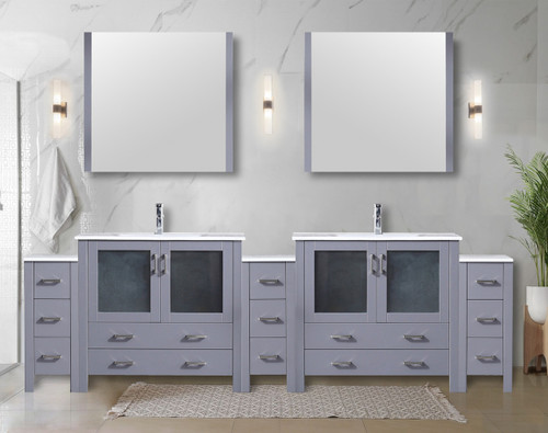 Lexora  LVV108D36B610 Volez 108 in W x 18.25 in D Dark Grey Double Bath Vanity with Side Cabinets, White Ceramic Top, and 34 in Mirrors