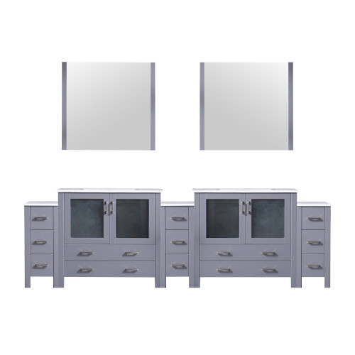 Lexora Volez 108 inch W Dark Grey Double Sink Vanity Cabinet with Side Cabinets, White Ceramic Top, and 34 in Mirrors