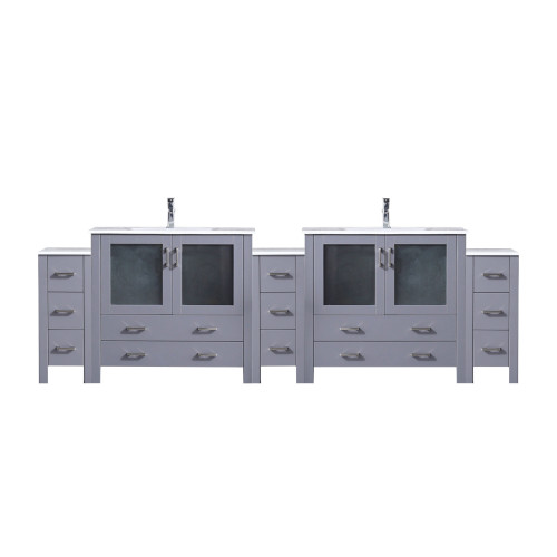 Lexora LVV108D36B601 Volez 108 inch W Dark Grey Double Sink Vanity Cabinet with Side Cabinets, White Ceramic Top, and Faucet Set