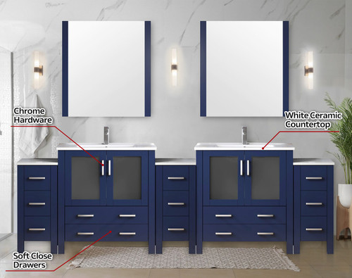 Lexora  LVV108D36E601 Volez 108 in W x 18.25 in D Navy Blue Double Bath Vanity with Side Cabinets, White Ceramic Top, and Faucet Set