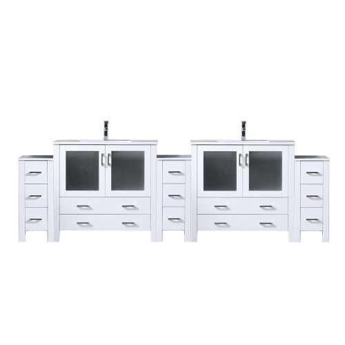 Lexora LVV108D36A601 Volez 108 inch W White Double Sink Vanity Cabinet with Side Cabinets, White Ceramic Top, and Faucet Set