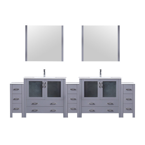 Lexora LVV108D36B611 Volez 108 inch W Dark Grey Double Sink Vanity Cabinet with Side Cabinets, White Ceramic Top, 34 in Mirrors, and Faucet Set