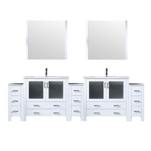Lexora Volez 108 inch W White Double Sink Vanity Cabinet with Side Cabinets, White Ceramic Top, 34 in Mirrors, and Faucet Set