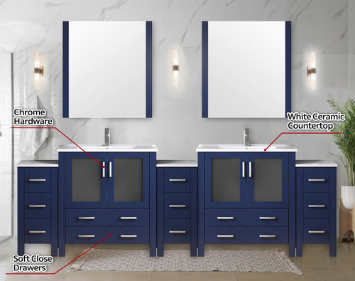 Lexora  LVV108D36E611 Volez 108 in W x 18.25 in D Navy Blue Double Bath Vanity with Side Cabinets, White Ceramic Top, 34 in Mirrors, and Faucet Set