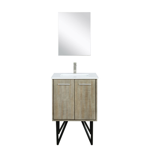 Lexora LLC24SKSOSM18FBN Lancy 24 inch W x 20 in D Rustic Acacia Bath Vanity Cabinet, White Quartz Top, Brushed Nickel Faucet Set and 18 in Mirror
