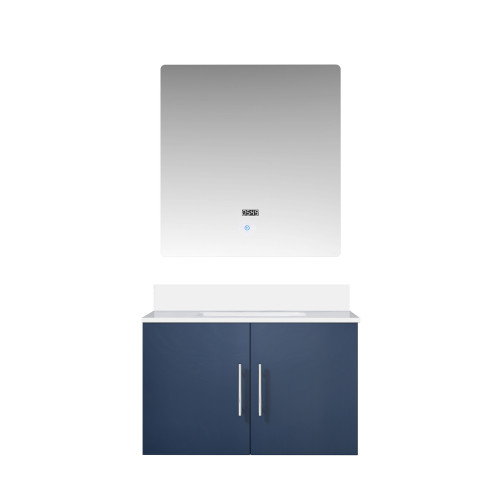 Lexora LVG30SE210 Geneva 30 in. W Navy Blue Wall Mount Bath Vanity Cabinet, White Quartz Top, and 30 in. LED Mirror