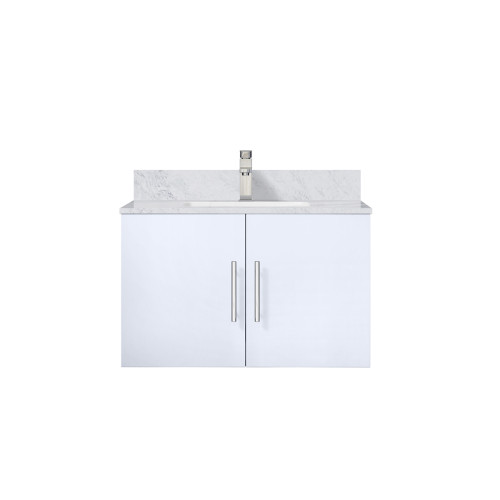 Lexora Geneva 30 in. W Glossy White Wall Mount Bath Vanity Cabinet, Carrara Marble Top, and Faucet Set
