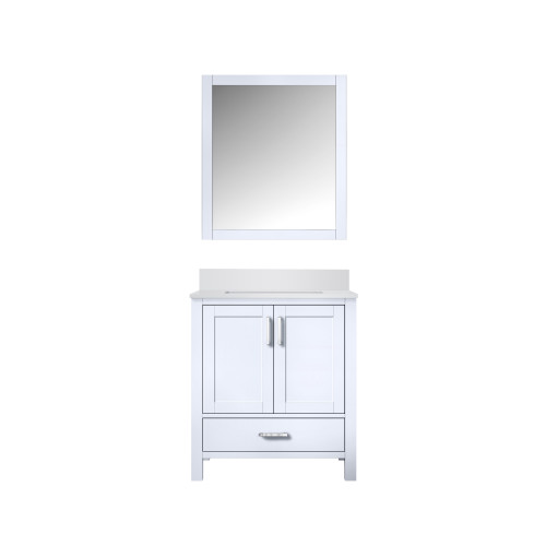 Lexora Jacques 30 in. W White Bath Vanity Cabinet, Cultured Marble Top, and 28 in. Mirror