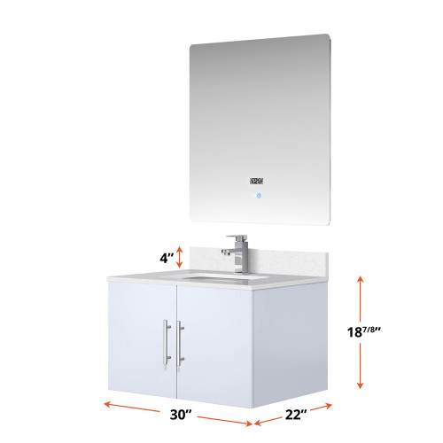 Lexora Geneva 30 in. W Glossy White Wall Mount Bath Vanity Cabinet, White Quartz Top, Faucet Set, and 30 in. LED Mirror